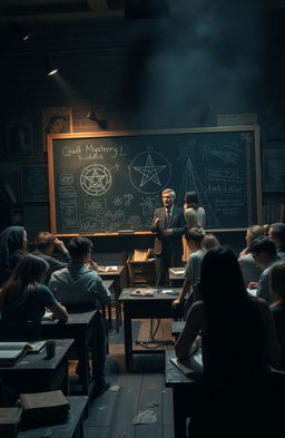 A mysterious high school classroom scene, shrouded in shadows with dim lighting