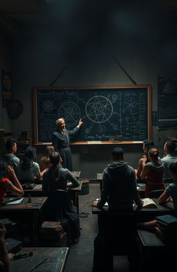 A mysterious high school classroom scene, shrouded in shadows with dim lighting