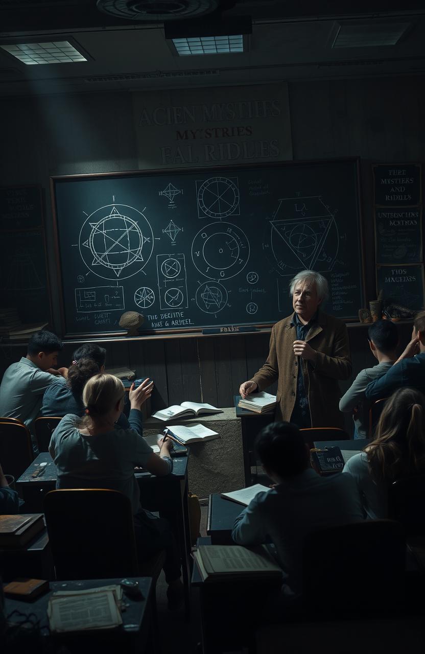 A mysterious high school classroom scene, shrouded in shadows with dim lighting