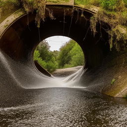 A culvert brimming with water, creating a visually striking scene of water overflow, emphasising the power of natural elements.