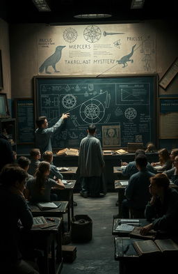 A mysterious high school classroom scene, shrouded in shadows with dim lighting