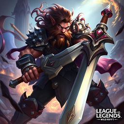 A dynamic and fierce depiction of Tryndamere from League of Legends: Wild Rift, showcasing his powerful warrior stance as he wields a massive sword, clad in rugged armor with intricate details