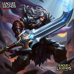 A dynamic and fierce depiction of Tryndamere from League of Legends: Wild Rift, showcasing his powerful warrior stance as he wields a massive sword, clad in rugged armor with intricate details