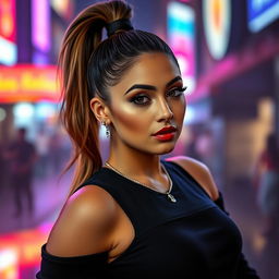 A glamorous and stylish portrait of a woman resembling Ariana Grande, showcasing her signature high ponytail and sultry expression