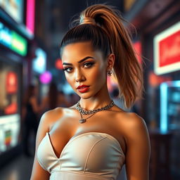 A glamorous and stylish portrait of a woman resembling Ariana Grande, showcasing her signature high ponytail and sultry expression