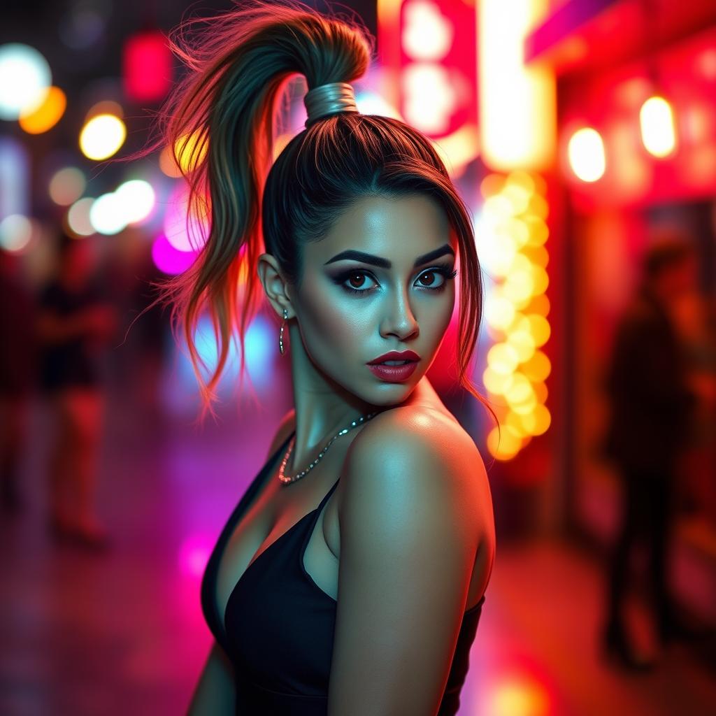 A glamorous and stylish portrait of a woman resembling Ariana Grande, showcasing her signature high ponytail and sultry expression