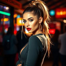 A glamorous and stylish portrait of a woman resembling Ariana Grande, showcasing her signature high ponytail and sultry expression