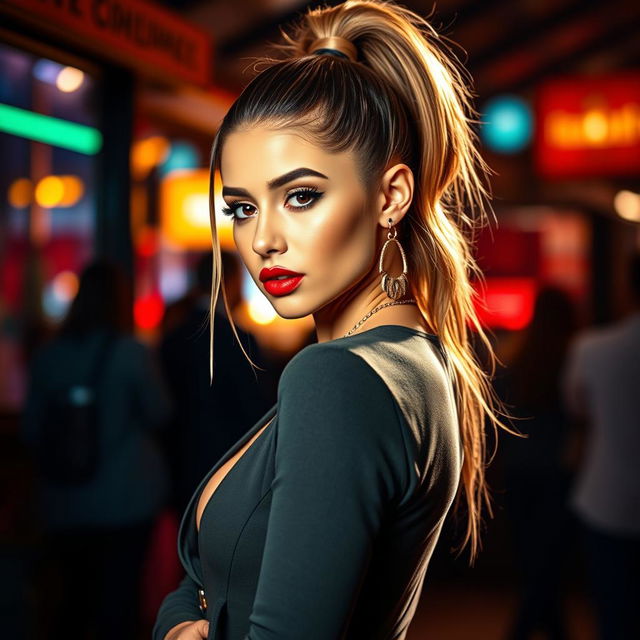 A glamorous and stylish portrait of a woman resembling Ariana Grande, showcasing her signature high ponytail and sultry expression