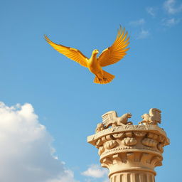 A majestic golden phoenix soaring gracefully towards an ancient Persepolis tower
