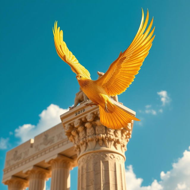 A majestic golden phoenix soaring gracefully towards an ancient Persepolis tower