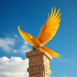 A majestic golden phoenix soaring gracefully towards an ancient Persepolis tower