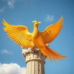 A majestic golden phoenix soaring gracefully towards an ancient Persepolis tower