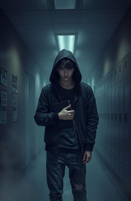A mysterious high school student standing in a dimly lit hallway