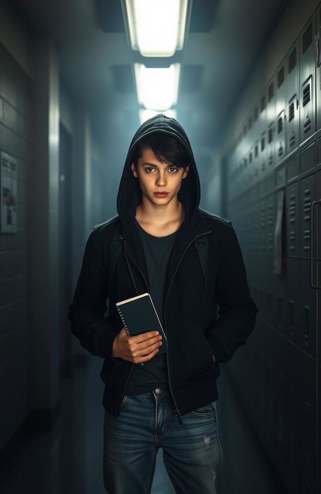 A mysterious high school student standing in a dimly lit hallway