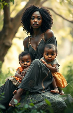 A beautiful scene featuring a black woman sitting on a stone, tears flowing down her face, conveying deep emotion