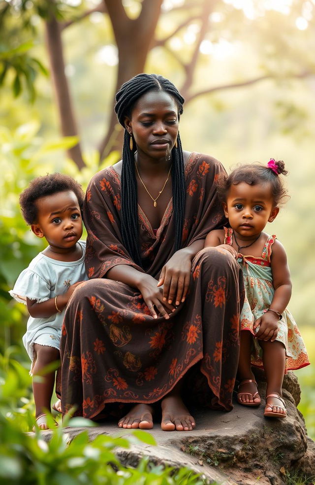 A beautiful scene featuring a black woman sitting on a stone, tears flowing down her face, conveying deep emotion