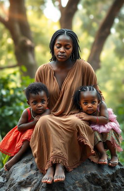 A beautiful scene featuring a black woman sitting on a stone, tears flowing down her face, conveying deep emotion