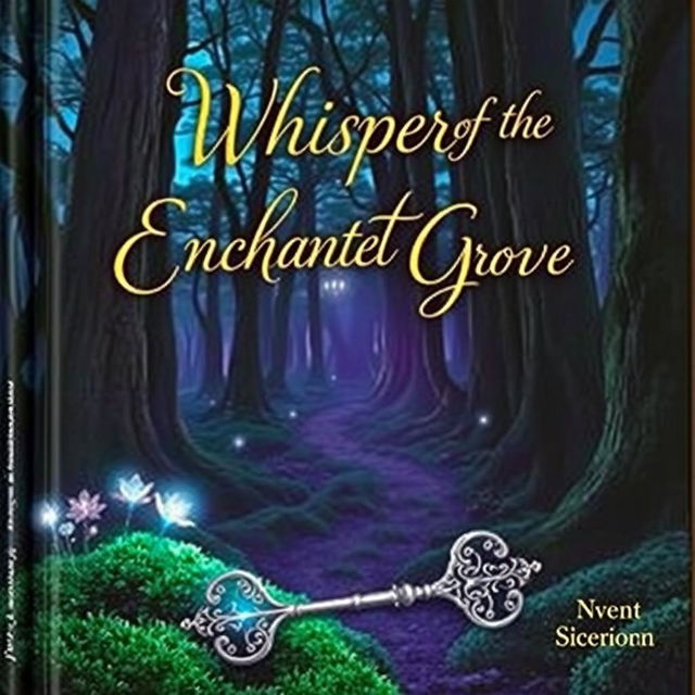 A captivating book cover featuring a mystical forest at twilight, with tall, ancient trees casting long shadows