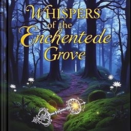 A captivating book cover featuring a mystical forest at twilight, with tall, ancient trees casting long shadows