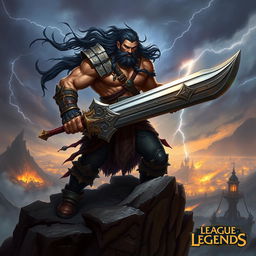 A powerful fantasy warrior inspired by Tryndamere from League of Legends, depicted as a muscular, battle-hardened man with long, flowing dark hair and a fierce expression