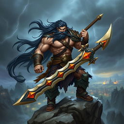 A powerful fantasy warrior inspired by Tryndamere from League of Legends, depicted as a muscular, battle-hardened man with long, flowing dark hair and a fierce expression