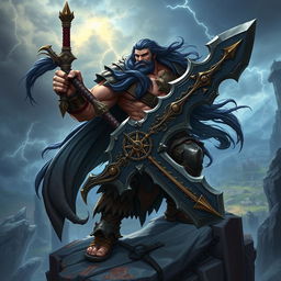 A powerful fantasy warrior inspired by Tryndamere from League of Legends, depicted as a muscular, battle-hardened man with long, flowing dark hair and a fierce expression