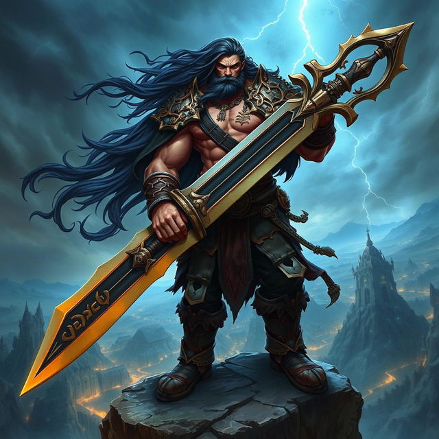 A powerful fantasy warrior inspired by Tryndamere from League of Legends, depicted as a muscular, battle-hardened man with long, flowing dark hair and a fierce expression