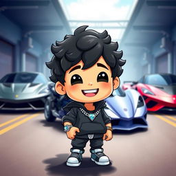 A small cartoon character with short, curly black hair, dressed in sporty apparel, wearing a silver watch and a silver chain