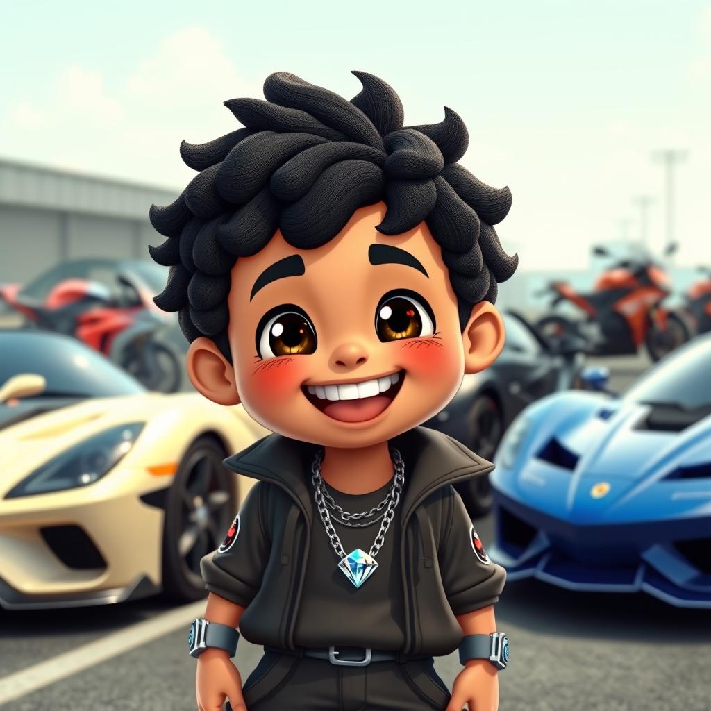 A small cartoon character with short, curly black hair, dressed in sporty apparel, wearing a silver watch and a silver chain