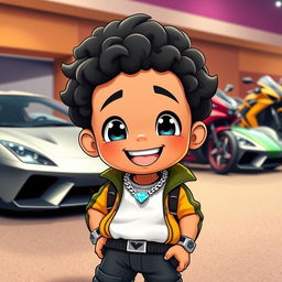 A small cartoon character with short, curly black hair, dressed in sporty apparel, wearing a silver watch and a silver chain