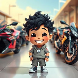 A small cartoon character with short, curly black hair, dressed in sporty apparel, wearing a silver watch and a silver chain