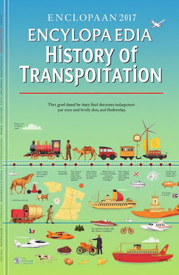 An encyclopaedia cover about the history of transportation, featuring a timeline illustration that showcases key developments from ancient times to modern day