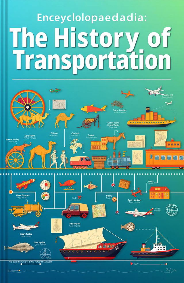 An encyclopaedia cover about the history of transportation, featuring a timeline illustration that showcases key developments from ancient times to modern day