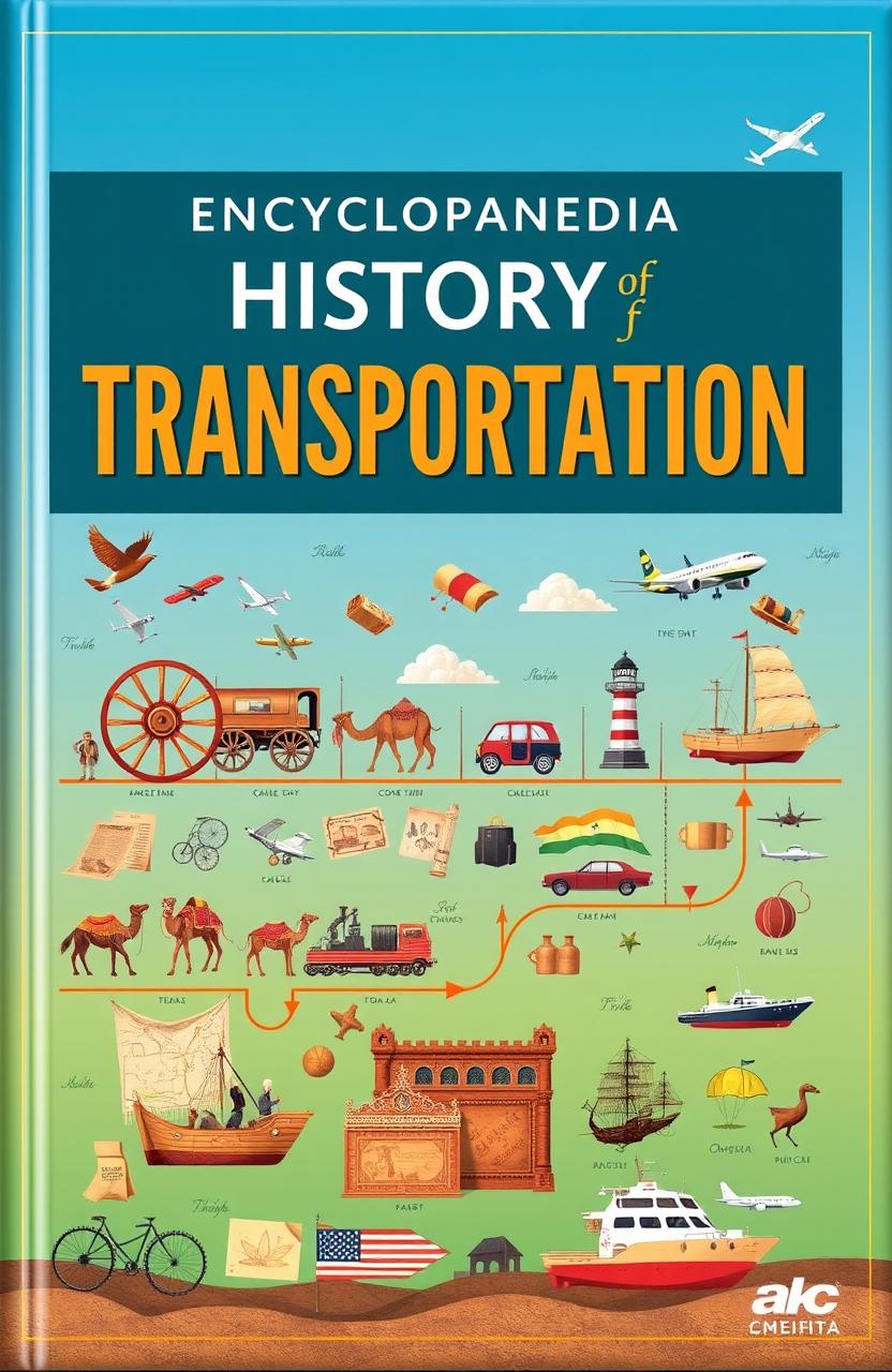 An encyclopaedia cover about the history of transportation, featuring a timeline illustration that showcases key developments from ancient times to modern day