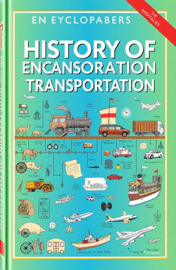 An encyclopaedia cover about the history of transportation, featuring a timeline illustration that showcases key developments from ancient times to modern day