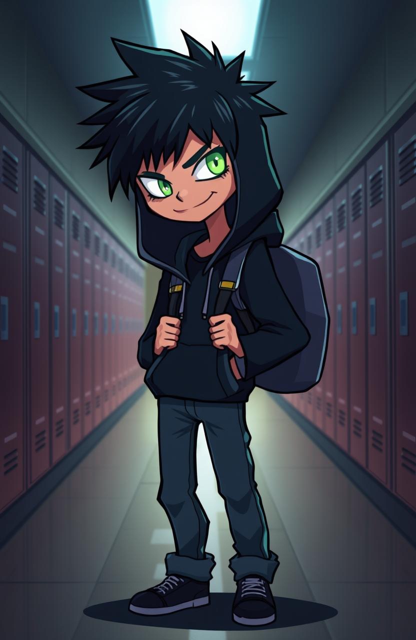 A mysterious high school student character designed in a cartoon style