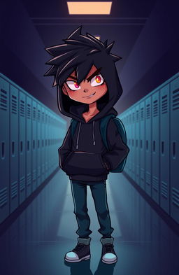 A mysterious high school student character designed in a cartoon style