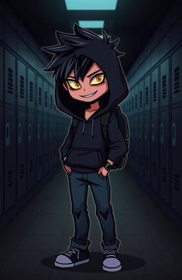 A mysterious high school student character designed in a cartoon style