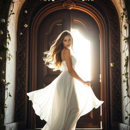 A woman with flowing, wavy hair standing in front of an ornate, wooden door, slowly pushing it open to reveal a bright, radiant light streaming through