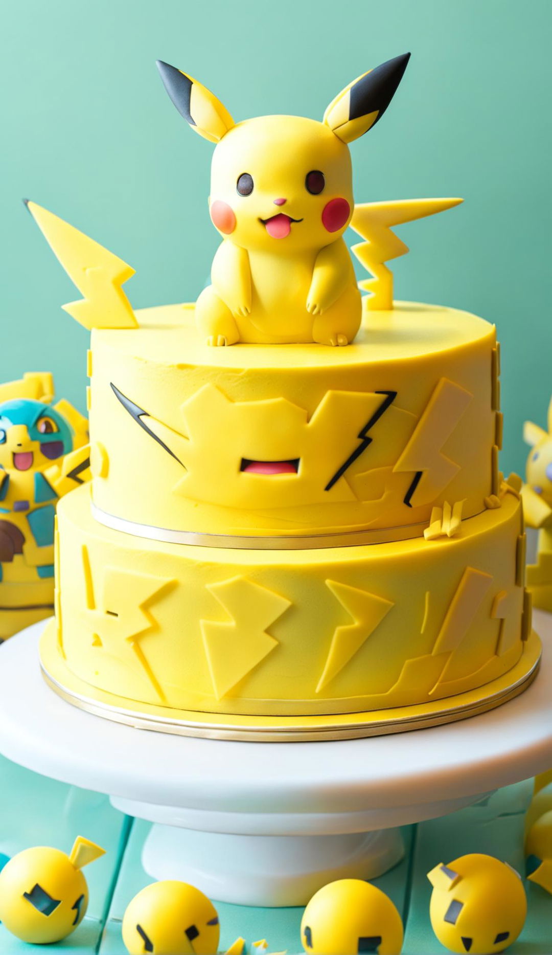 A vibrant HD food editorial photograph featuring a three-tiered Pokemon-themed Pikachu cake. Each layer is a different shade of yellow, with decorations including a fondant Pikachu, lightning bolts, and Pokeballs.