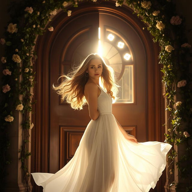 A woman with flowing, wavy hair standing in front of an ornate, wooden door, slowly pushing it open to reveal a bright, radiant light streaming through