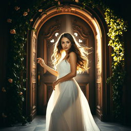 A woman with flowing, wavy hair standing in front of an ornate, wooden door, slowly pushing it open to reveal a bright, radiant light streaming through