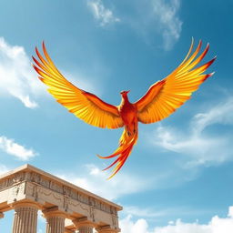 A majestic phoenix soaring gracefully toward an ancient Persepolis tower