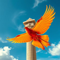 A majestic phoenix soaring gracefully toward an ancient Persepolis tower