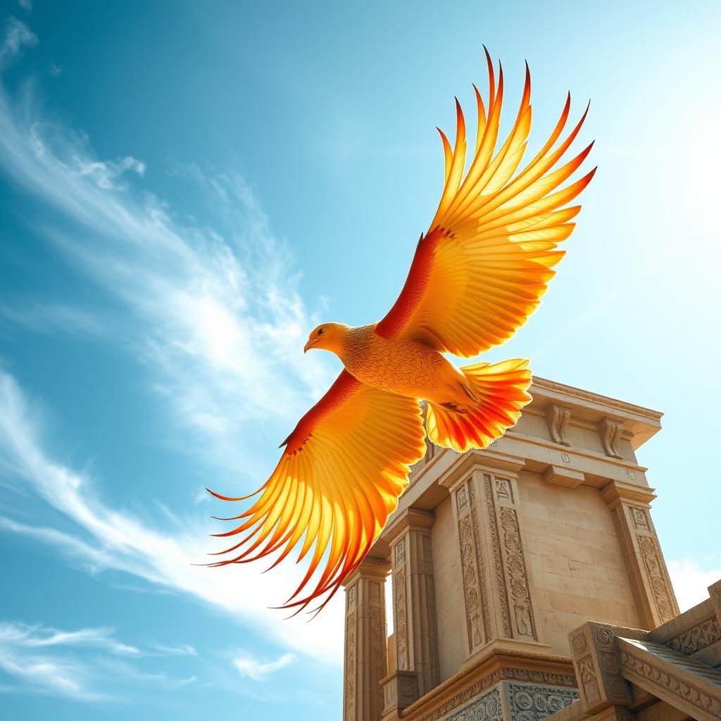 A majestic phoenix soaring gracefully toward an ancient Persepolis tower