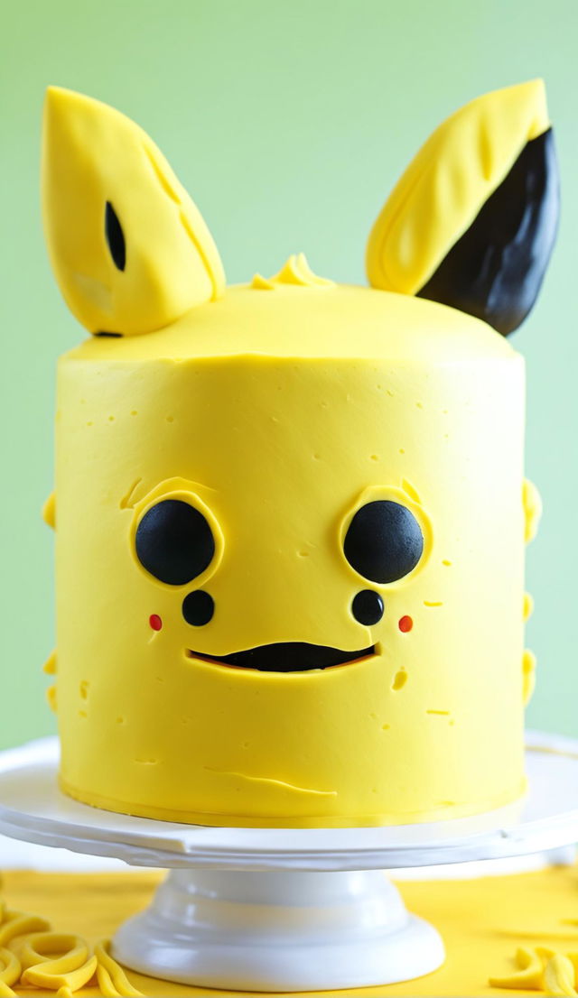 A vibrant HD food editorial photograph of a Pikachu-themed cake. The cake is a single tier, frosted in yellow buttercream with fondant details to resemble Pikachu's face.