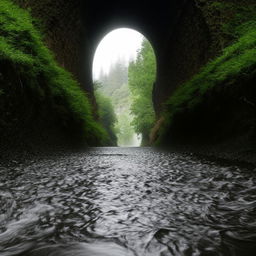 A culvert brimming with water, creating a visually striking scene of water overflow, emphasising the power of natural elements.