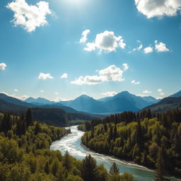 A stunning landscape showcasing magnificent mountains in the distance, a gently flowing river winding through a rich and lush forest, abundant with various shades of green foliage