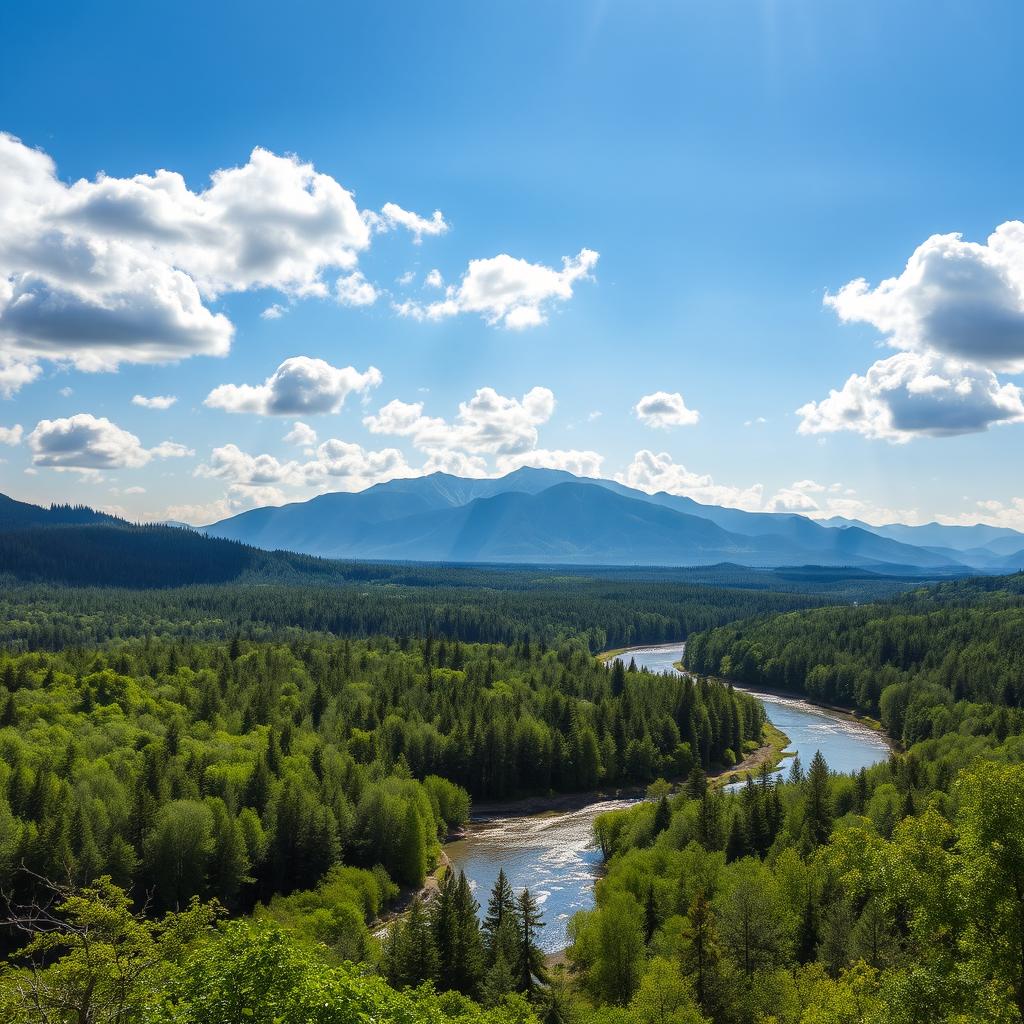 A stunning landscape showcasing magnificent mountains in the distance, a gently flowing river winding through a rich and lush forest, abundant with various shades of green foliage