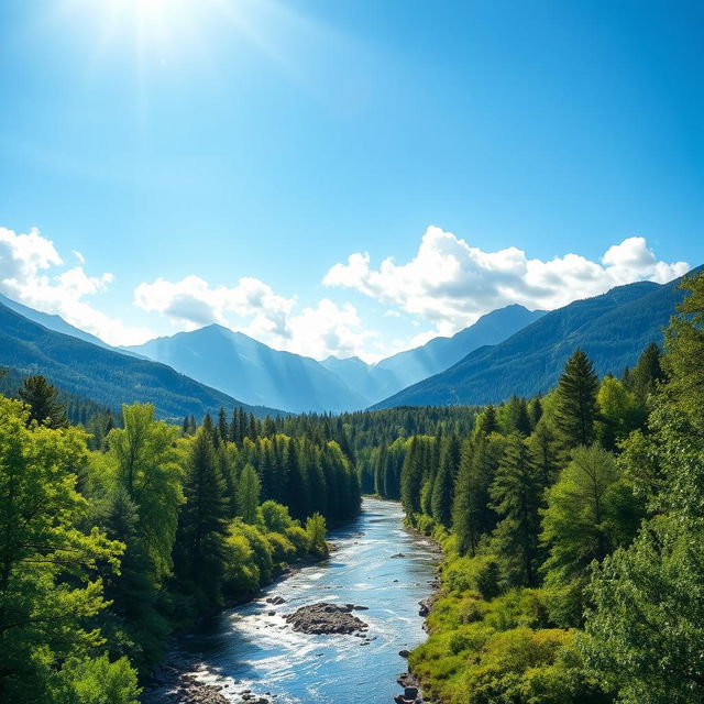 A stunning landscape showcasing magnificent mountains in the distance, a gently flowing river winding through a rich and lush forest, abundant with various shades of green foliage